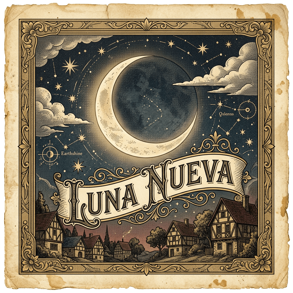 New moon phase above a village with stars and constellations