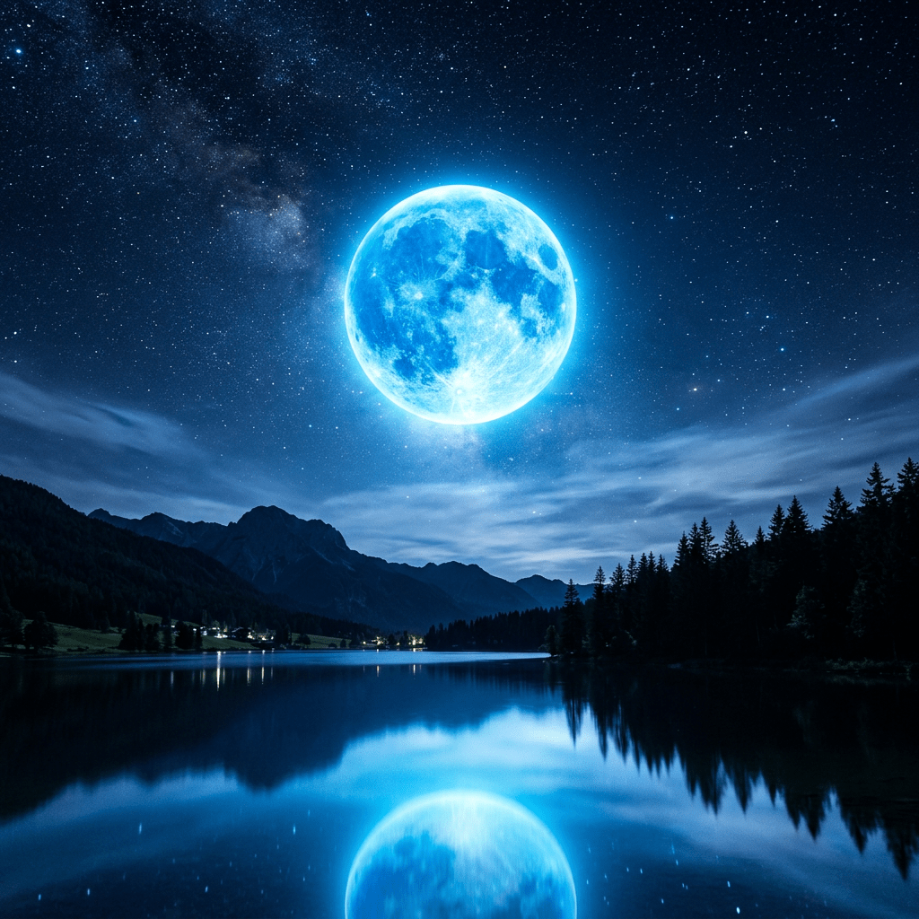 Bright blue full moon reflecting over a tranquil lake surrounded by mountains and pine trees under a starry sky
