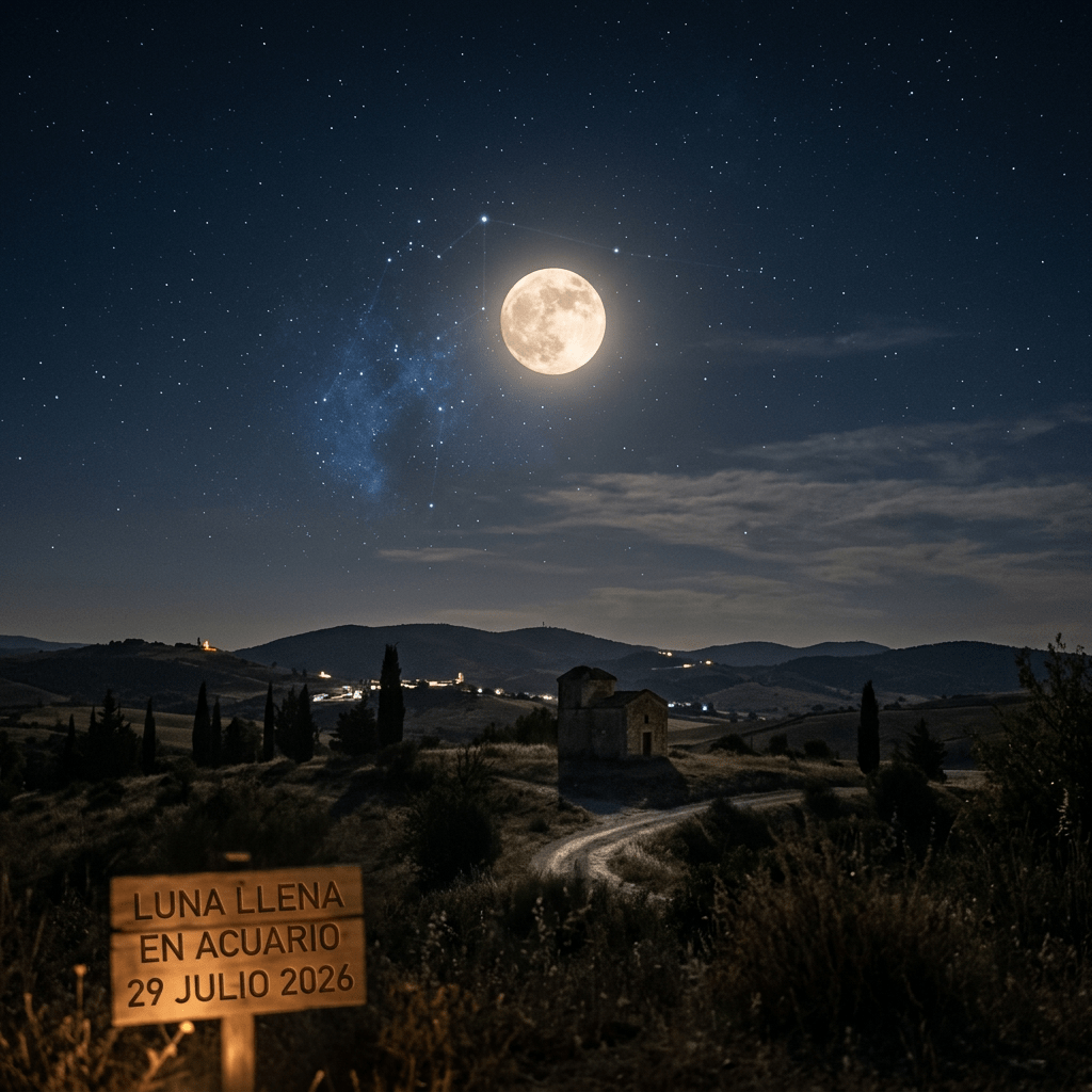 Bright full moon in Aquarius constellation over dark countryside landscape