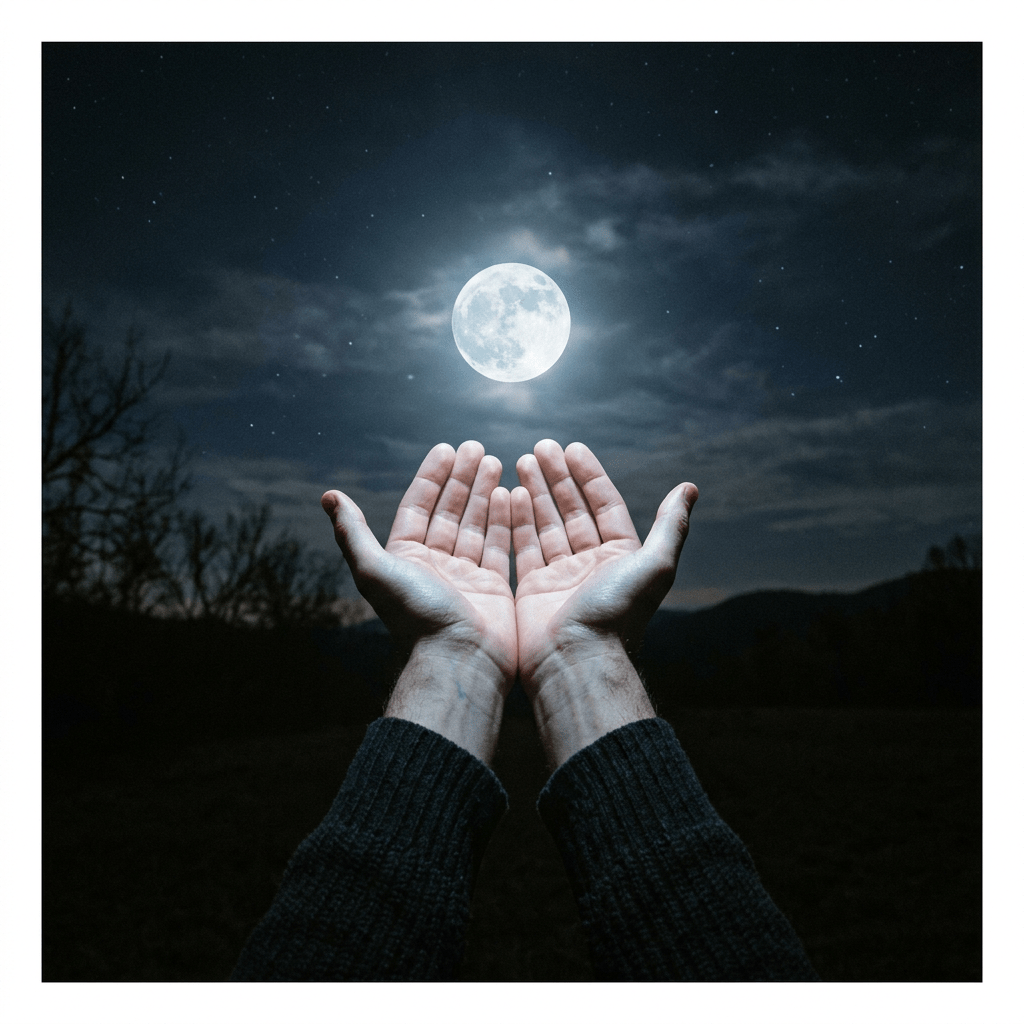 Two hands cupped together under a bright full moon in a dark sky with stars