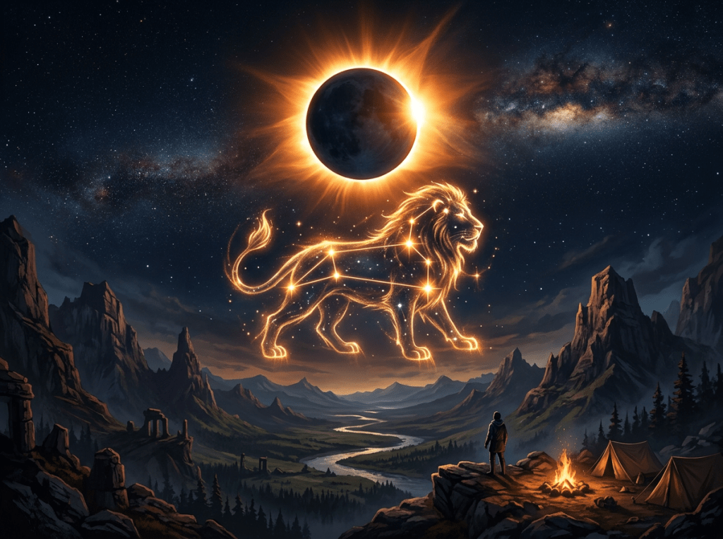 Glowing Leo constellation with a solar eclipse over a mountain campsite at night