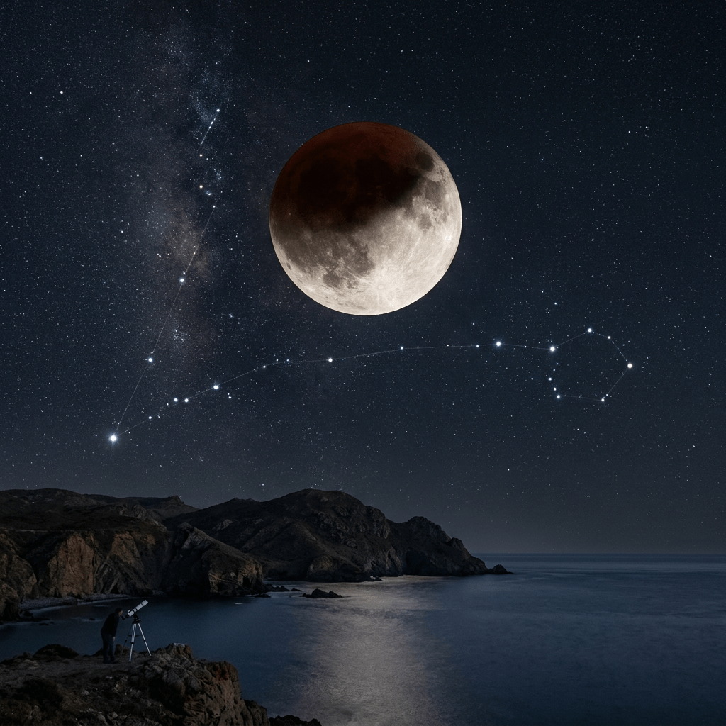 Astronomer viewing a blood moon over a rugged coast beneath star-filled skies