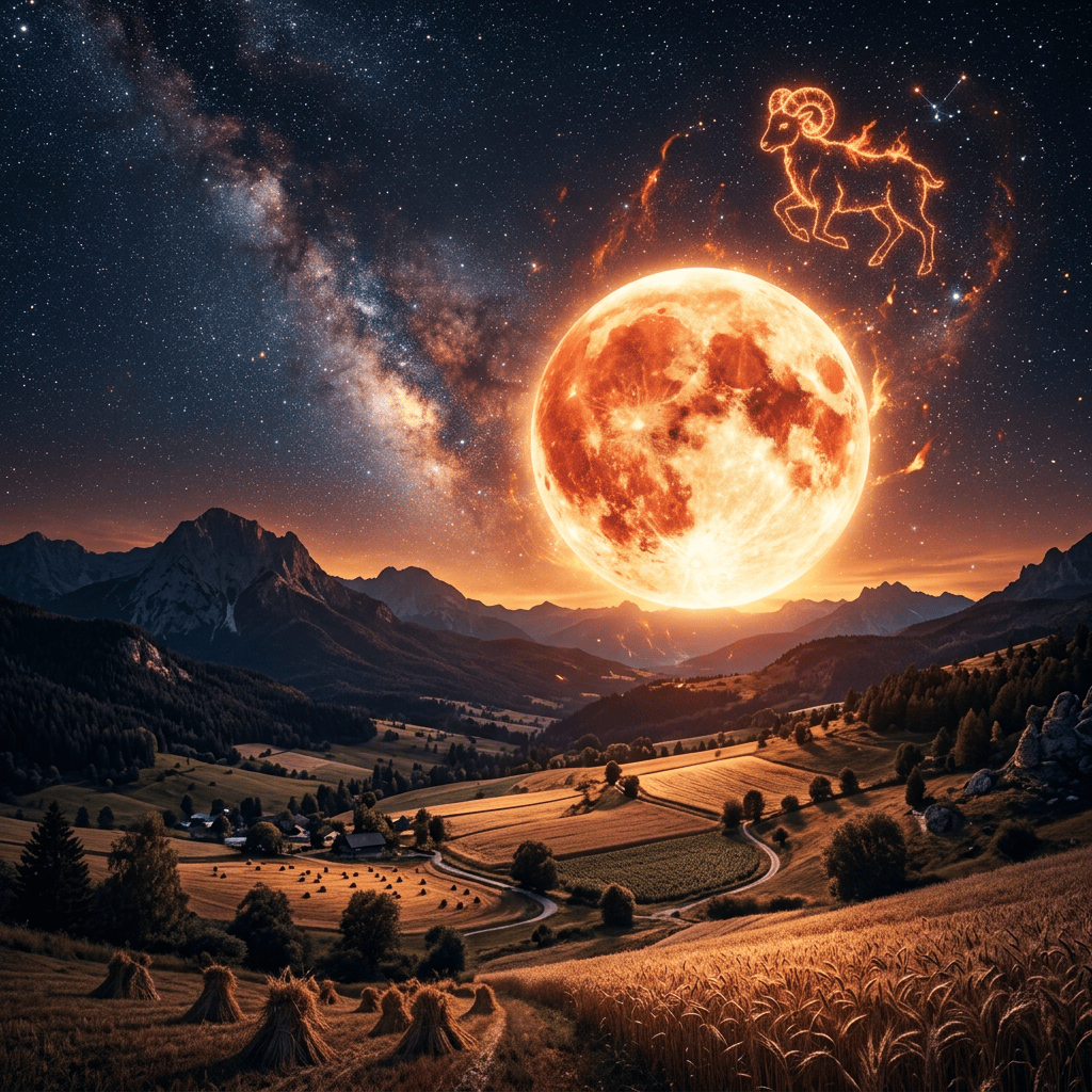 Glowing full moon and Aries symbol above a starry mountain valley
